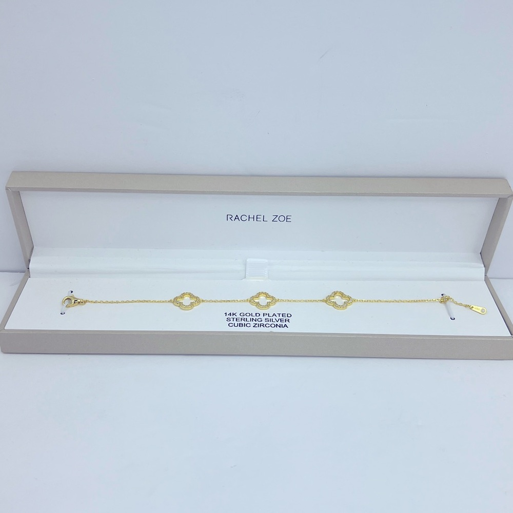 RACHEL ZOE, CLOVER STERLING SILVER BRACELET, 3 GOLD CLOVER WITH CUBIC ZIRCONIA